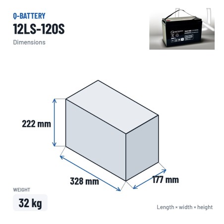 Batteria stazionaria UPS Q-battery 12LS-120S 12V 118Ah AGM – dimensioni 328 × 177 × 222 mm