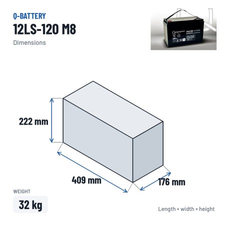 Stationary UPS battery Q-battery 12LS-120 M8 12V 126Ah AGM – dimensions 409 × 176 × 222 mm