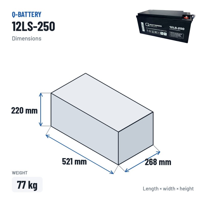 Batteria stazionaria UPS Q-battery 12LS-250 12V 250Ah AGM – dimensioni 521 × 268 × 220 mm