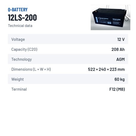 Bateria estacionária UPS Q-battery 12LS-200 12V 208Ah AGM – ficha técnica