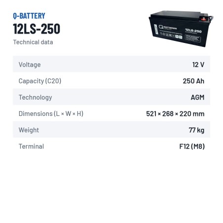 Stationärbatterie USV Q-battery 12LS-250 12V 250Ah AGM – technische Daten