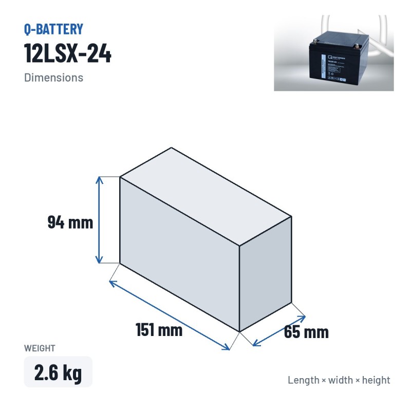 Stationary UPS battery Q-battery 12LSX-24 12V 8.8Ah AGM – dimensions 151 × 65 × 94 mm