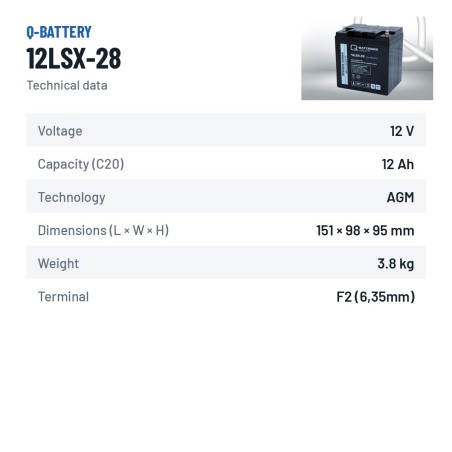 Batterie stationnaire onduleur Q-battery 12LSX-28 12V 12Ah AGM – fiche technique