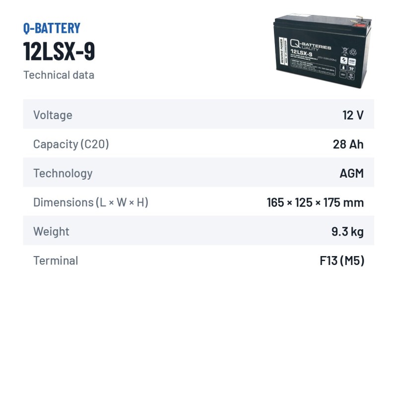 Batteria stazionaria UPS Q-battery 12LSX-9 12V 28Ah AGM – scheda tecnica