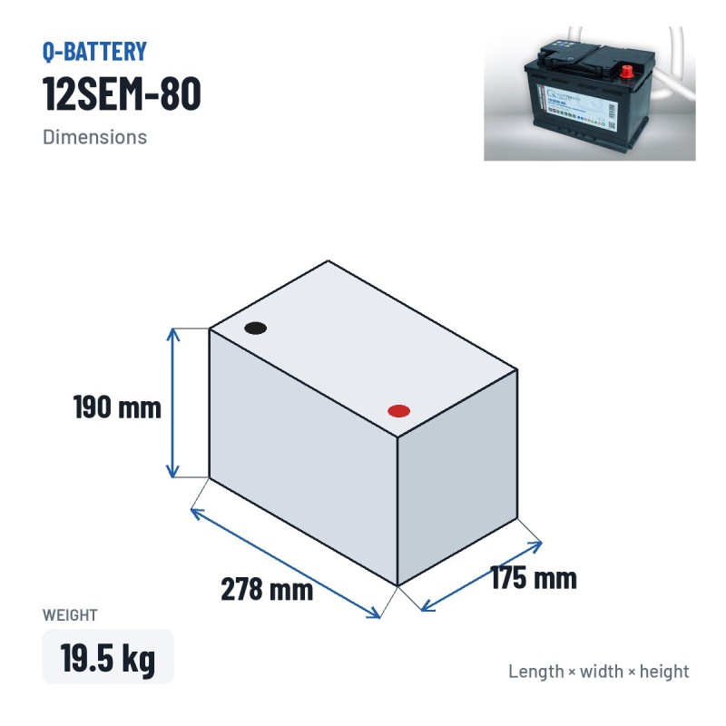 Batterie camping-car Q-battery 12SEM-80 12V 80Ah – dimensions 278 × 175 × 190 mm