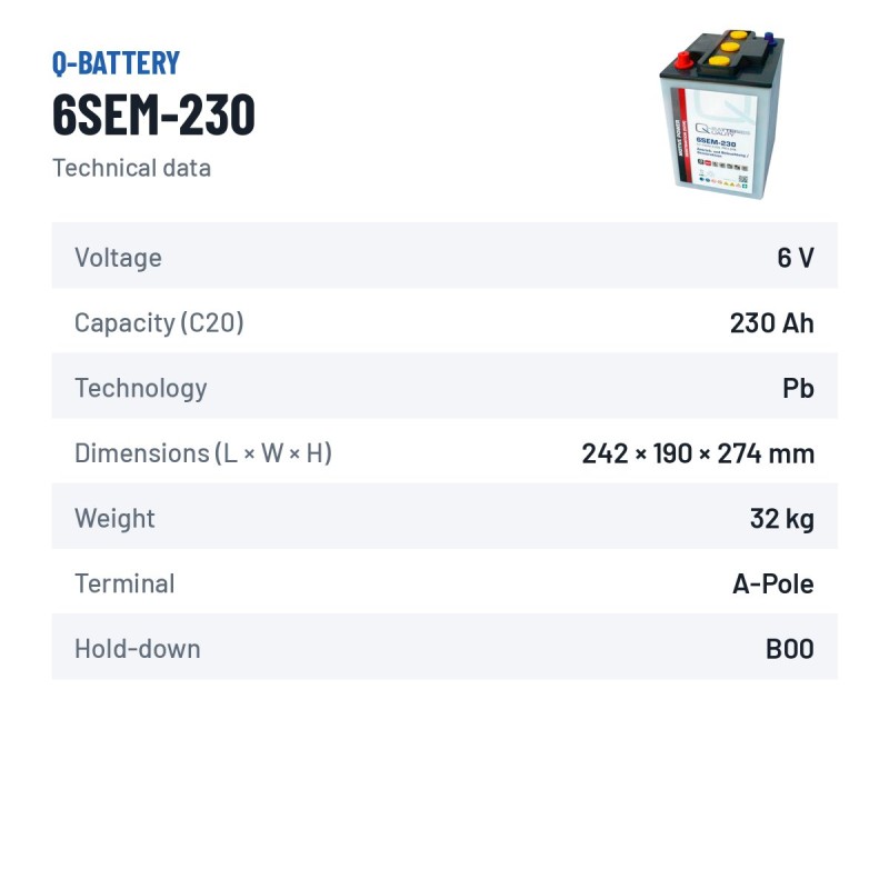 Batteria caravan Q-battery 6SEM-230 6V 230Ah – scheda tecnica