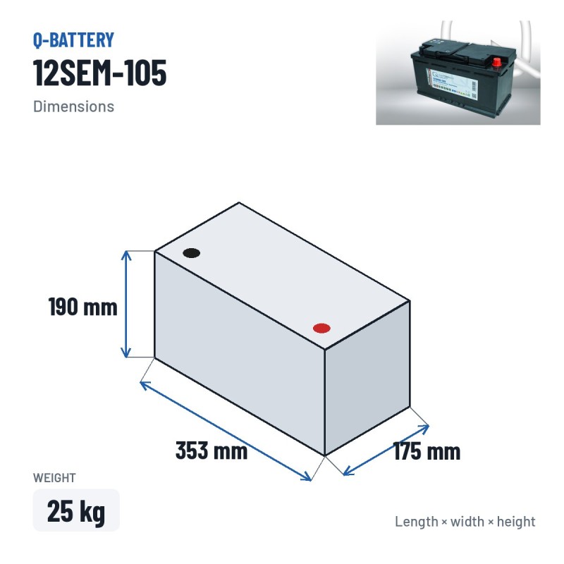 Batteria caravan Q-battery 12SEM-105 12V 105Ah – dimensioni 353 × 175 × 190 mm