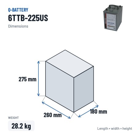 Traction battery Q-battery 6TTB-225US 6V 225Ah – dimensions 260 × 180 × 275 mm
