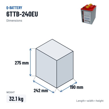 Batería de tracción Q-battery 6TTB-240EU 6V 240Ah – medidas 242 × 190 × 275 mm
