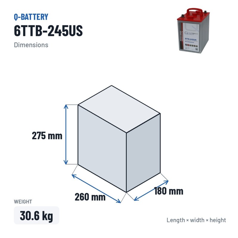 Batteria a trazione Q-battery 6TTB-245US 6V 245Ah – dimensioni 260 × 180 × 275 mm