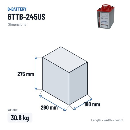 Batería de tracción Q-battery 6TTB-245US 6V 245Ah – medidas 260 × 180 × 275 mm