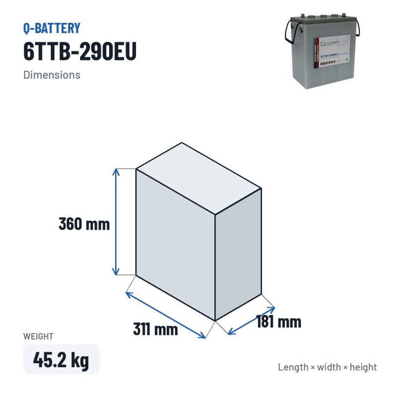 Traction battery Q-battery 6TTB-290EU 6V 290Ah – dimensions 311 × 181 × 360 mm