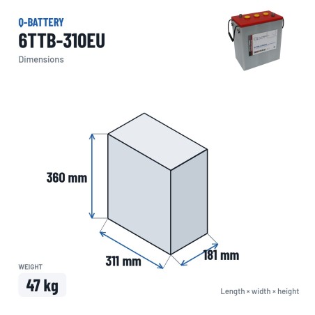 Batteria a trazione Q-battery 6TTB-310EU 6V 310Ah – dimensioni 311 × 181 × 360 mm