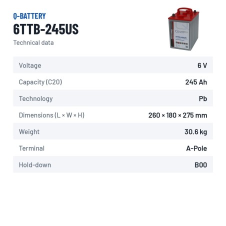 Batterie de traction Q-battery 6TTB-245US 6V 245Ah – fiche technique