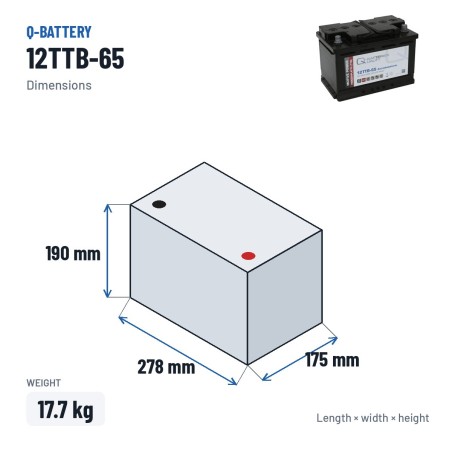 Batterie de traction Q-battery 12TTB-65 12V 65Ah – dimensions 278 × 175 × 190 mm