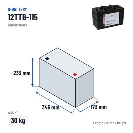 Batería de tracción Q-battery 12TTB-115 12V 115Ah – medidas 345 × 173 × 233 mm