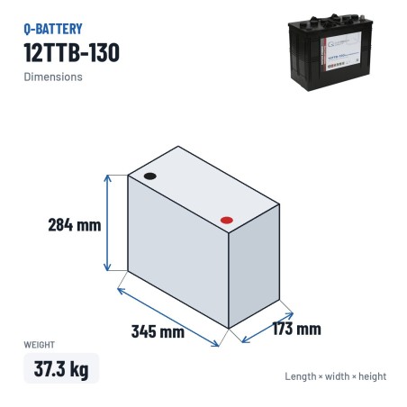 Batería de tracción Q-battery 12TTB-130 12V 130Ah – medidas 345 × 173 × 284 mm