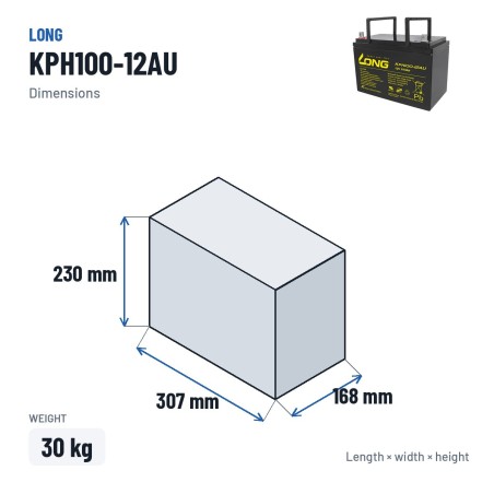 Bateria estacionária UPS Long KPH100-12AU 12V 100Ah AGM – medidas 307 × 168 × 230 mm