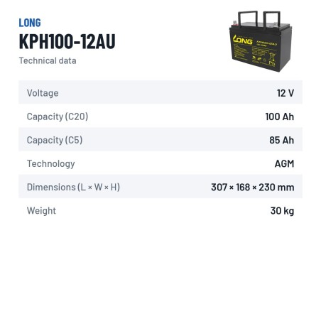 Batterie stationnaire onduleur Long KPH100-12AU 12V 100Ah AGM – fiche technique