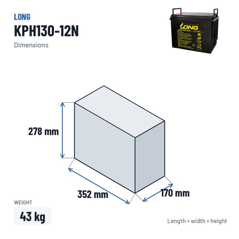 Stationary UPS battery Long KPH130-12N 12V 130Ah AGM – dimensions 352 × 170 × 278 mm