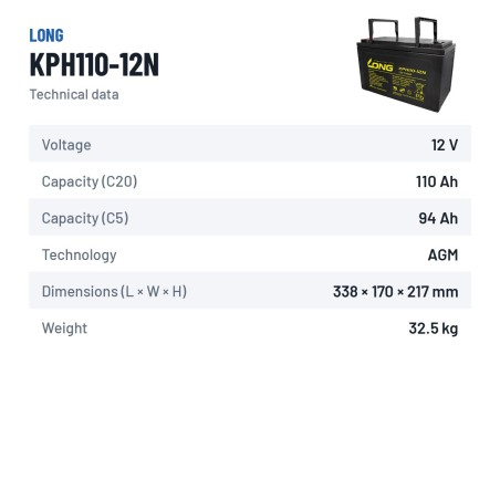 Bateria estacionária UPS Long KPH110-12N 12V 110Ah AGM – ficha técnica