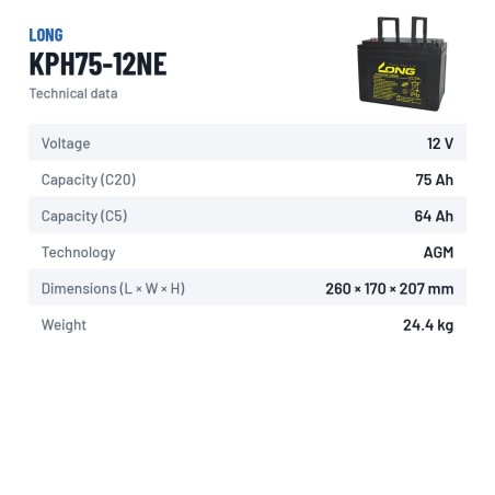 Batterie stationnaire onduleur Long KPH75-12NE 12V 75Ah AGM
