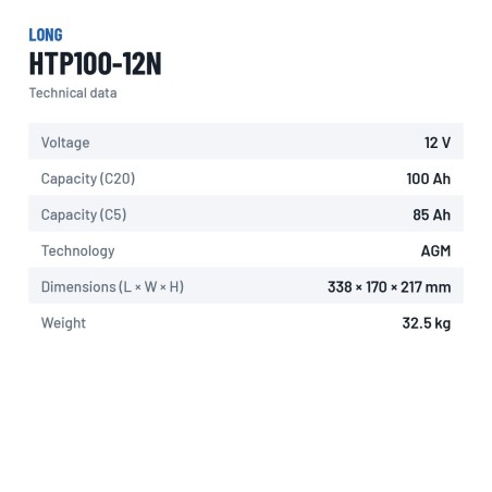 Stationary UPS battery Long HTP100-12N 12V 100Ah AGM – technical data