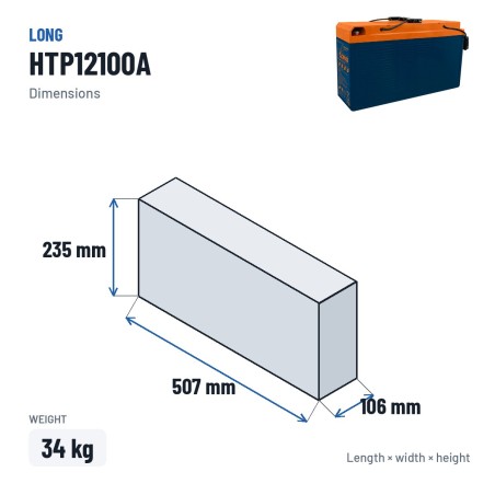 Stationary UPS battery Long HTP12100A 12V 100Ah AGM – dimensions 507 × 106 × 235 mm