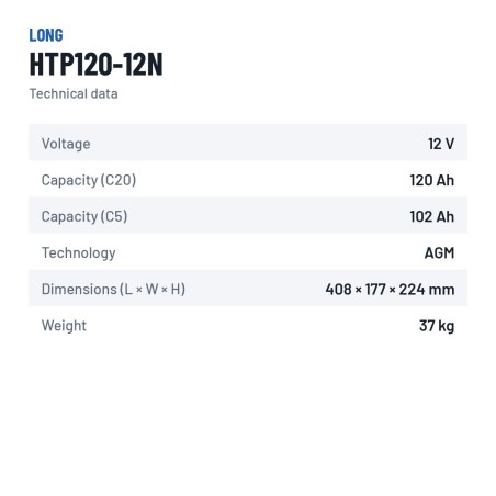 Stationary UPS battery Long HTP120-12N 12V 120Ah AGM – technical data