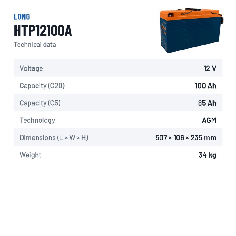 Stationary UPS battery Long HTP12100A 12V 100Ah AGM – technical data