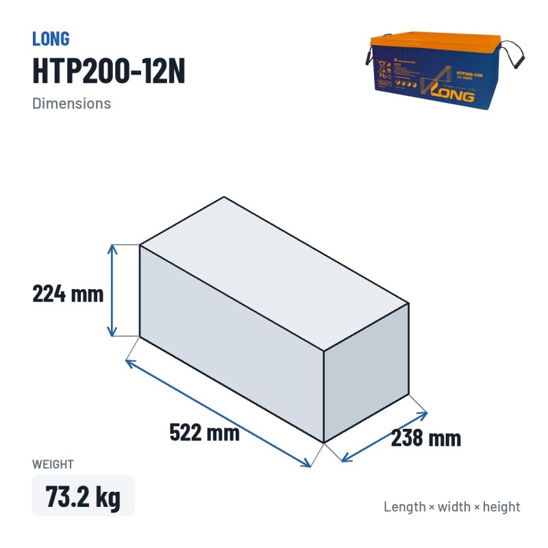 Stationary UPS battery Long HTP200-12N 12V 200Ah AGM – dimensions 522 × 238 × 224 mm