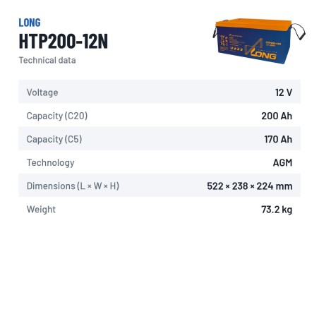 Stationary UPS battery Long HTP200-12N 12V 200Ah AGM – technical data