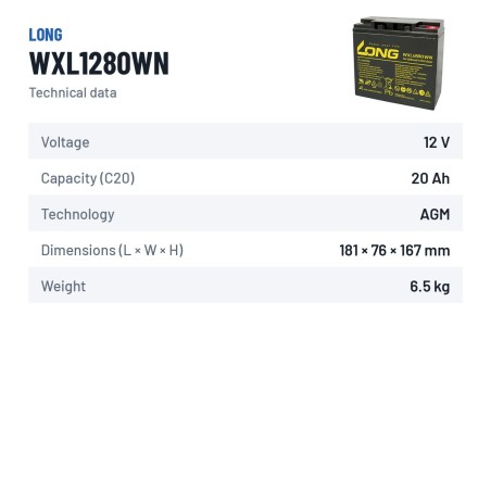 Stationary UPS battery Long WXL1280WN 12V 20Ah AGM – technical data