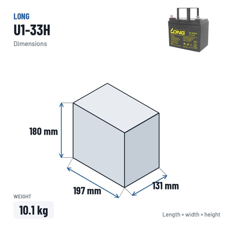 Wheelchair battery Long U1-33H 12V 33Ah AGM – dimensions 197 × 131 × 180 mm