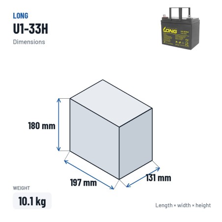 Batería de silla de ruedas Long U1-33H 12V 33Ah AGM – medidas 197 × 131 × 180 mm