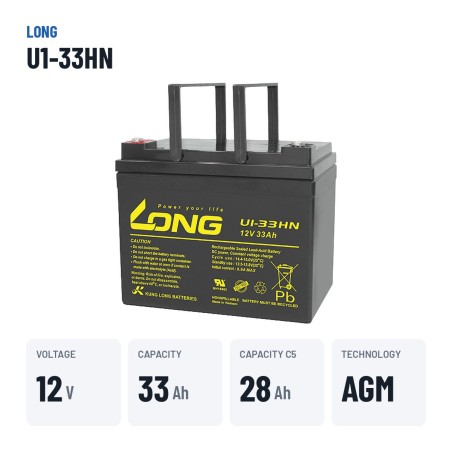 Wheelchair battery Long U1-33HN 12V 33Ah AGM – key specs