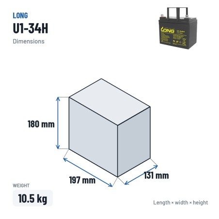 Batteria per carrozzina Long U1-34H 12V 34Ah AGM – dimensioni 197 × 131 × 180 mm