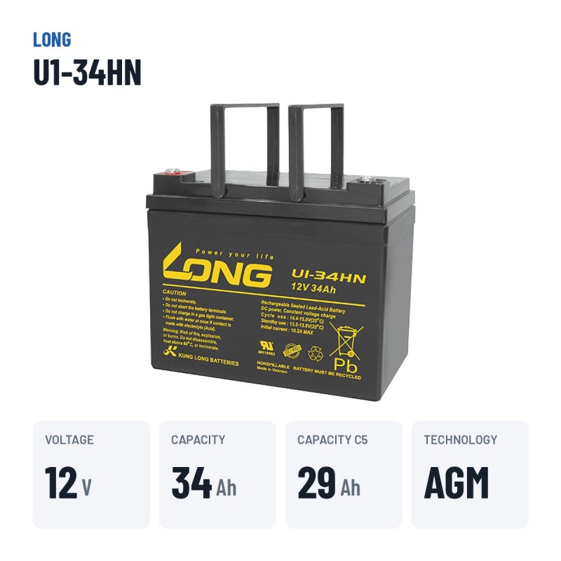 Batteria per carrozzina Long U1-34HN 12V 34Ah AGM – dati principali