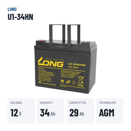 Wheelchair battery Long U1-34HN 12V 34Ah AGM – key specs