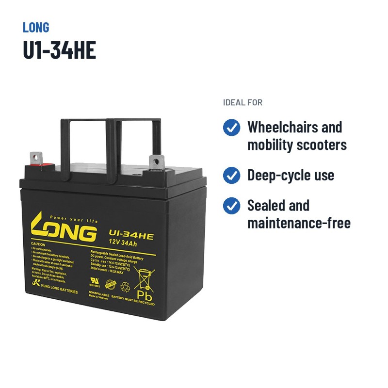Wheelchair battery Long U1-34HE 12V 34Ah AGM – recommended uses