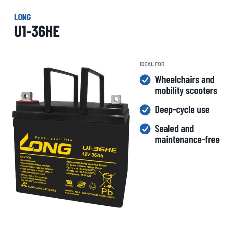 Wheelchair battery Long U1-36HE 12V 36Ah AGM – recommended uses