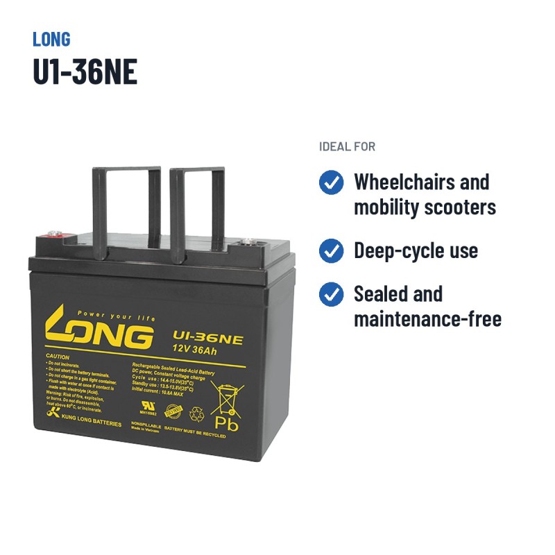 Wheelchair battery Long U1-36NE 12V 36Ah AGM | baterias.com