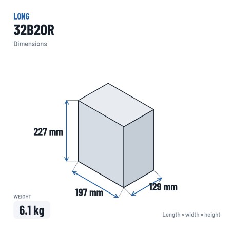 Batterie voiture Long 32B20R 12V 35Ah – dimensions 197 × 129 × 227 mm