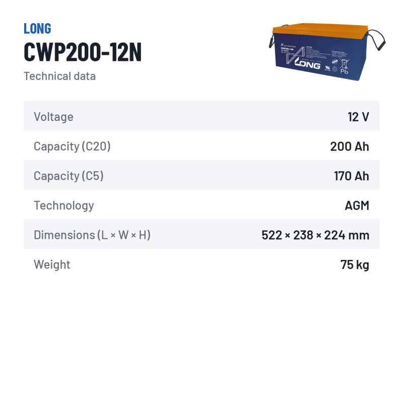 Batteria solare Long CWP200-12N 12V 200Ah AGM – scheda tecnica