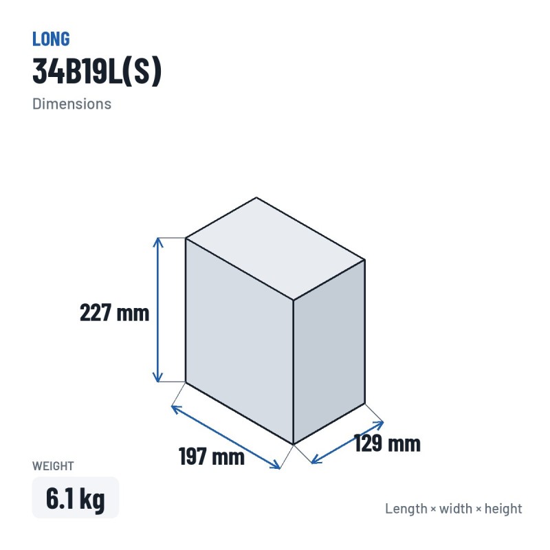 Batteria auto Long 34B19L(S) 12V 33Ah – dimensioni 197 × 129 × 227 mm