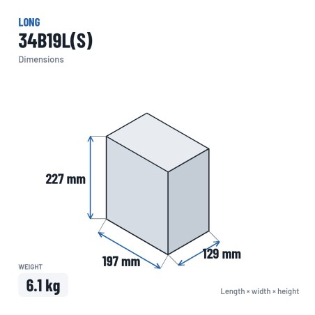 Batteria auto Long 34B19L(S) 12V 33Ah – dimensioni 197 × 129 × 227 mm
