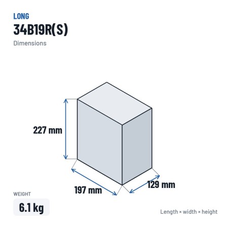 Batteria auto Long 34B19R(S) 12V 33Ah – dimensioni 197 × 129 × 227 mm