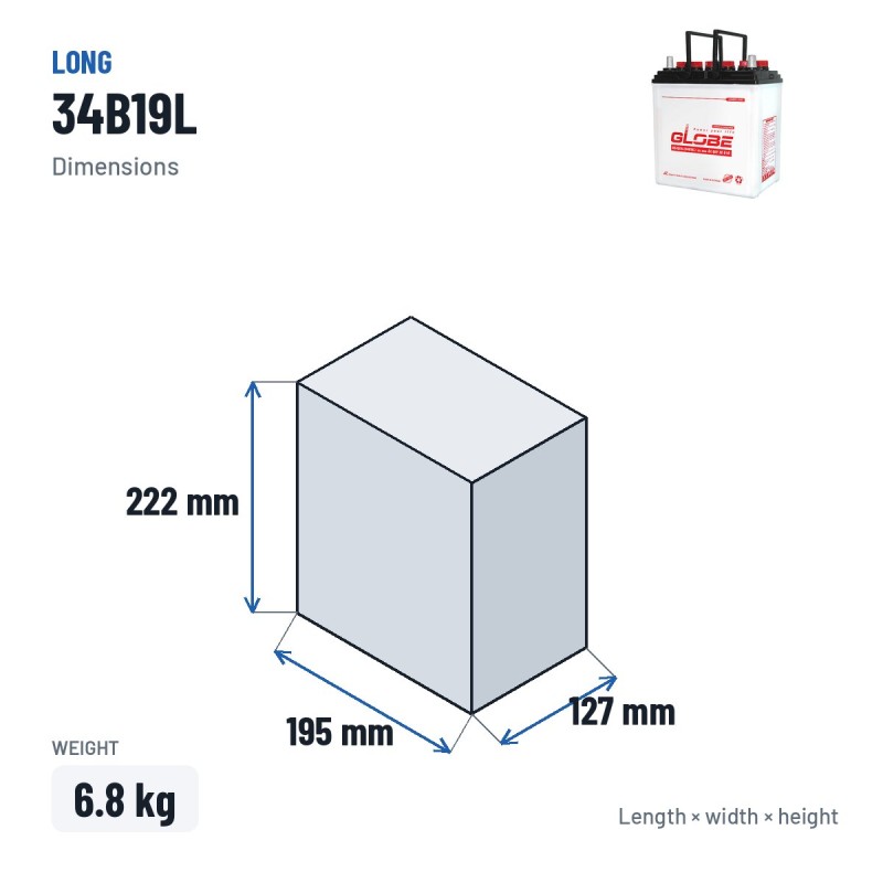Autobatterie Long 34B19L 12V 35Ah – Abmessungen 195 × 127 × 222 mm