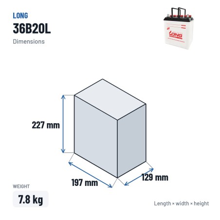 Batterie voiture Long 36B20L 12V 40Ah – dimensions 197 × 129 × 227 mm