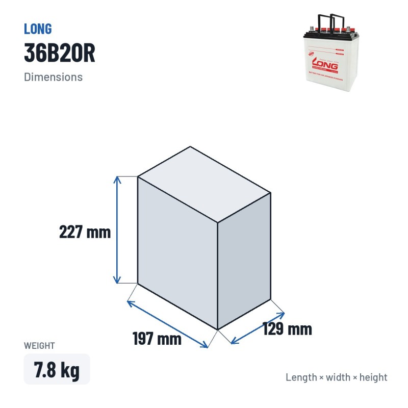 Autobatterie Long 36B20R 12V 40Ah – Abmessungen 197 × 129 × 227 mm